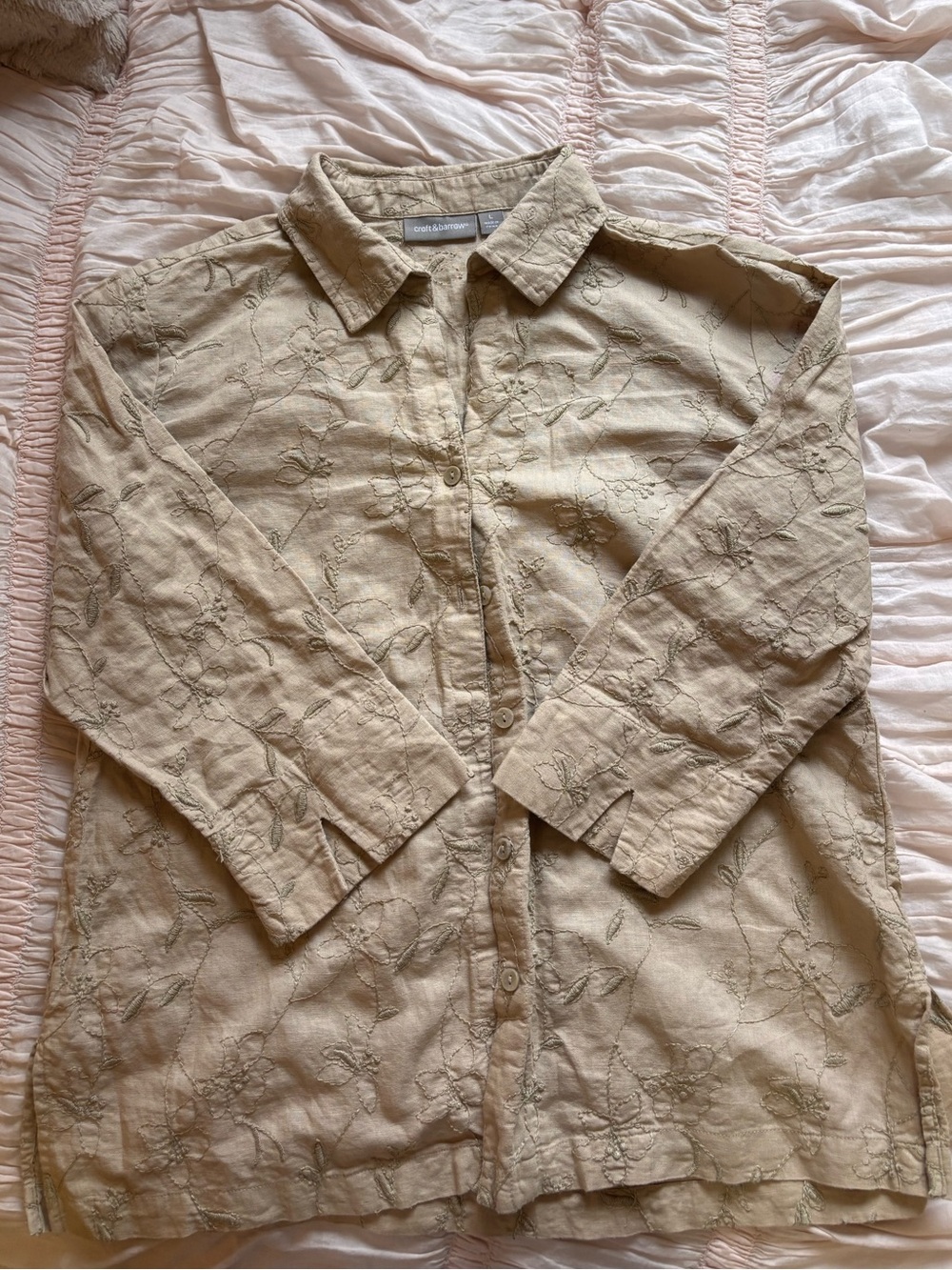 Croft & Barrow Embroidered Khaki Button-Up